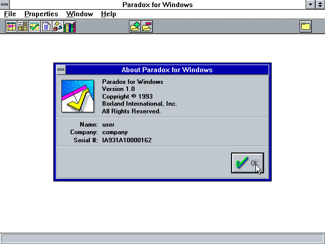 Paradox 1.0 for Windows - about